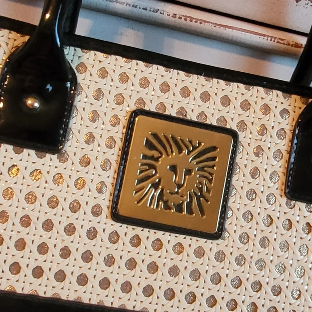 Vintage Anne Klein Lion Head‎ Black Patent and Rattan Satchel